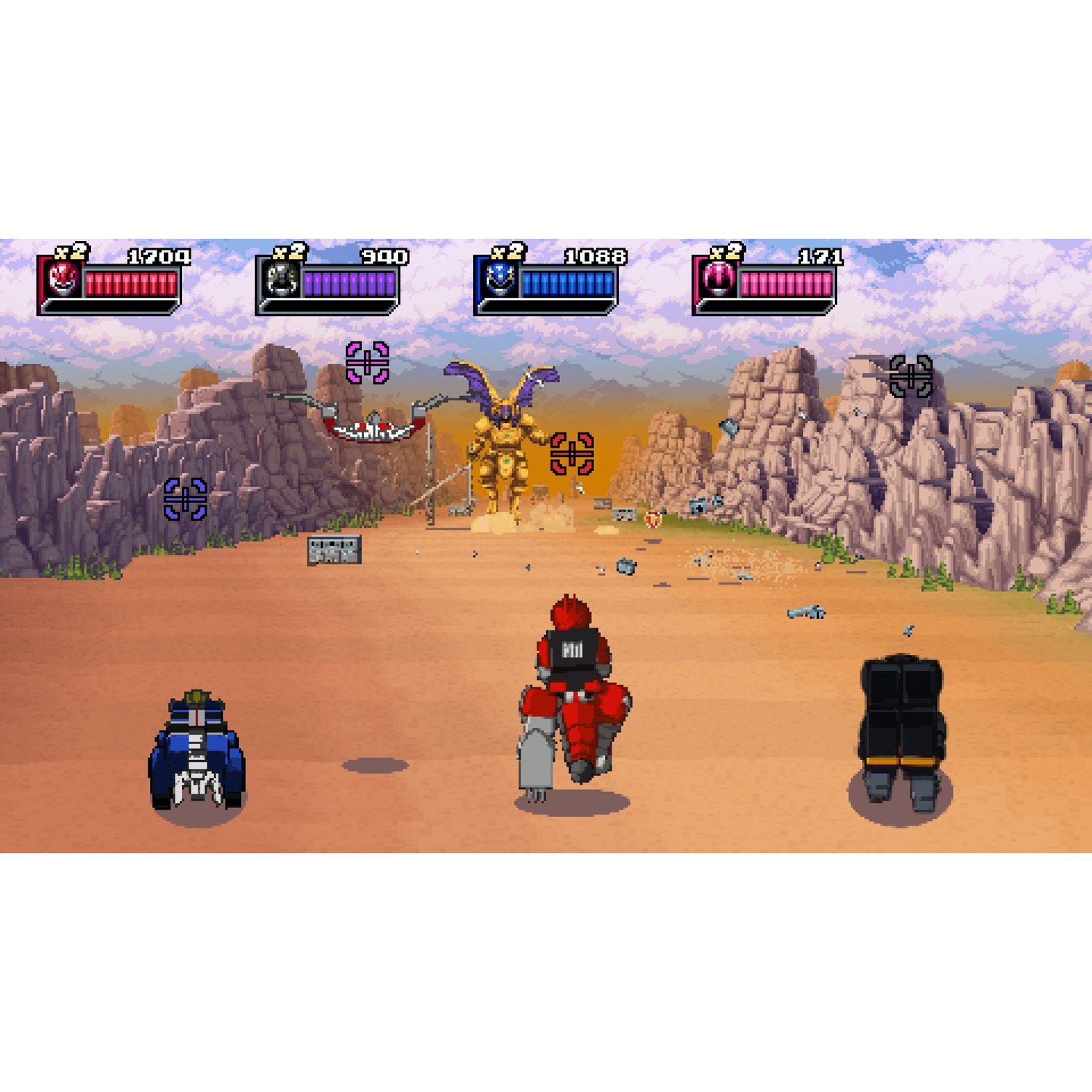 Een pixelige videogame scène met robots die vechten in een woestijnlandschap.