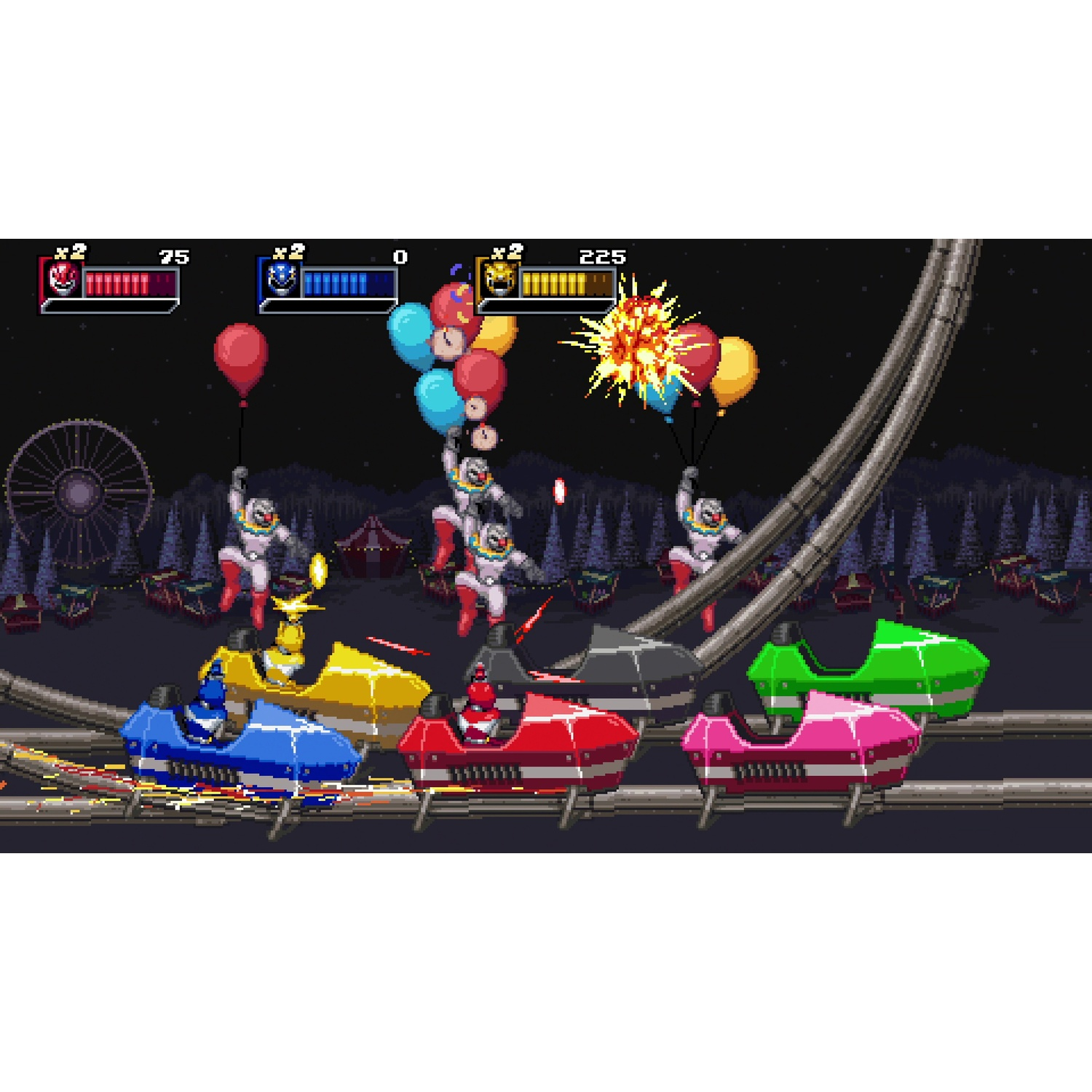 Spelscène van personages in clownkostuums op achtbaanachtige voertuigen met ballonnen.