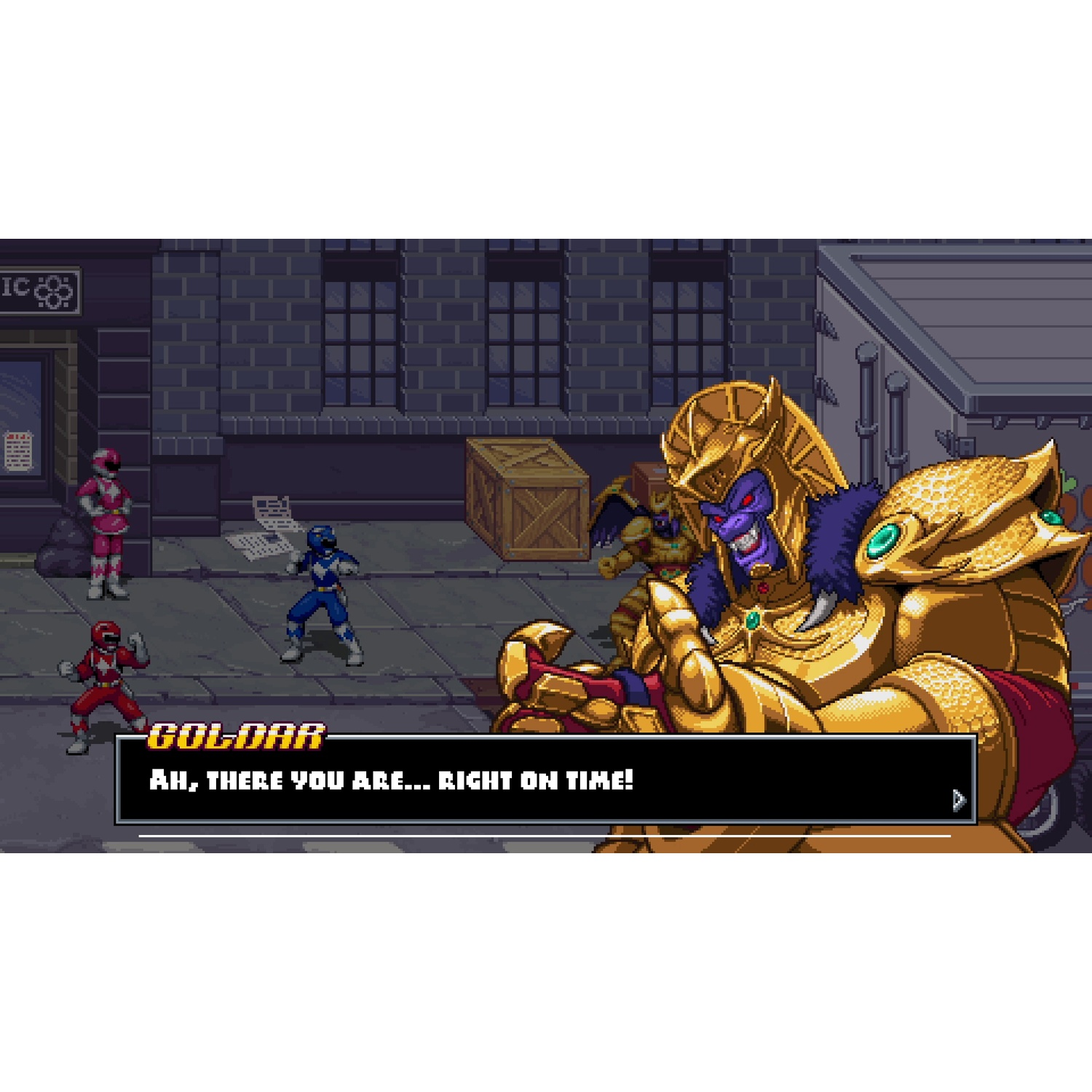 Goldar spreekt met Power Rangers. Scène uit een retro game. Straatscène.