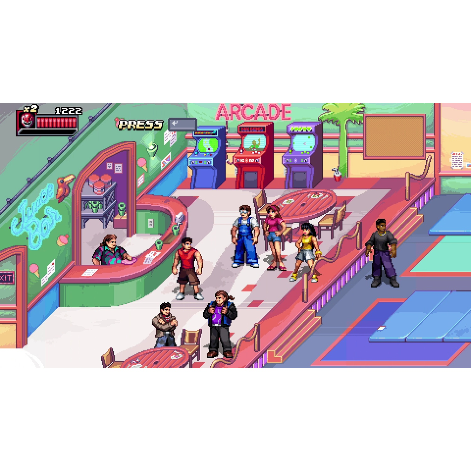 Een gepixelde afbeelding van een arcade met mensen die games spelen.