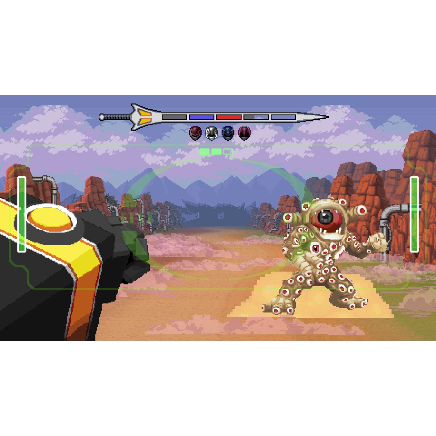 Een retro videogame scène met een eindbaasgevecht.