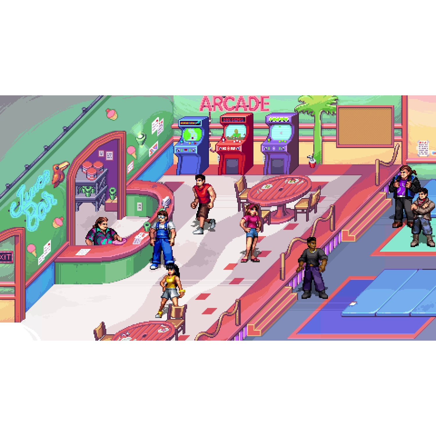 Mensen in een arcade. Juice bar en arcadespellen op de achtergrond.