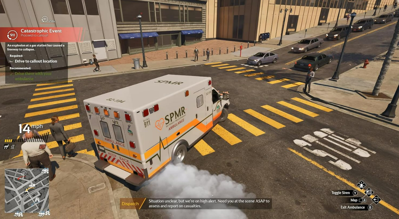 Ein Krankenwagen in einer Stadt, der auf eine Explosion reagiert. Andere Fahrzeuge stehen im Stau.