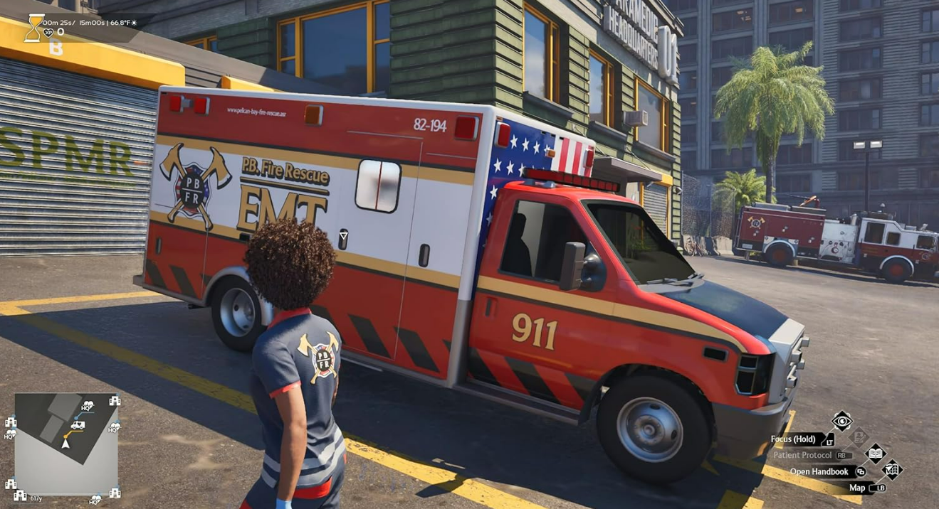 Ein Krankenwagen und eine Person in medizinischer Uniform auf einer Straße.