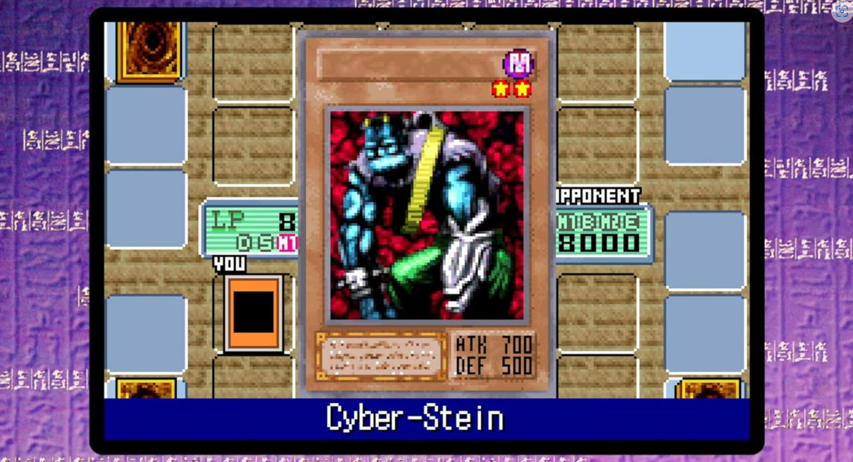 Ein Retro-Videospielbildschirm, der die Cyber-Stein Monsterkarte anzeigt.