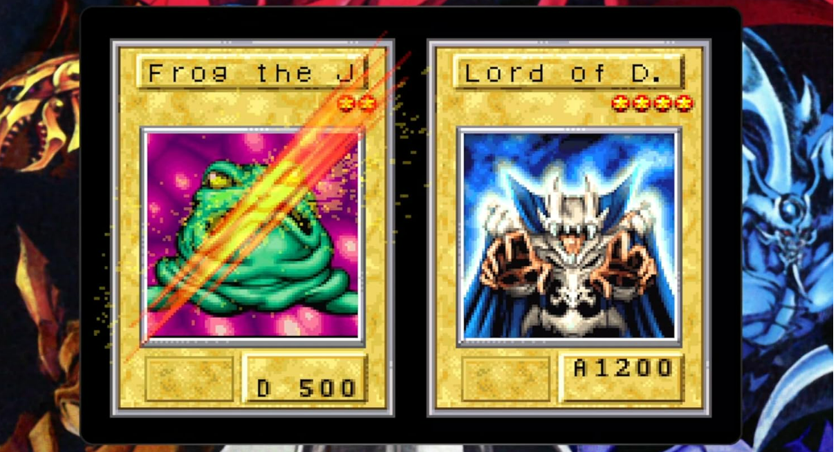 Zwei Yu-Gi-Oh-Karten. Frosch der Marmelade und Lord of D. sind sichtbar.