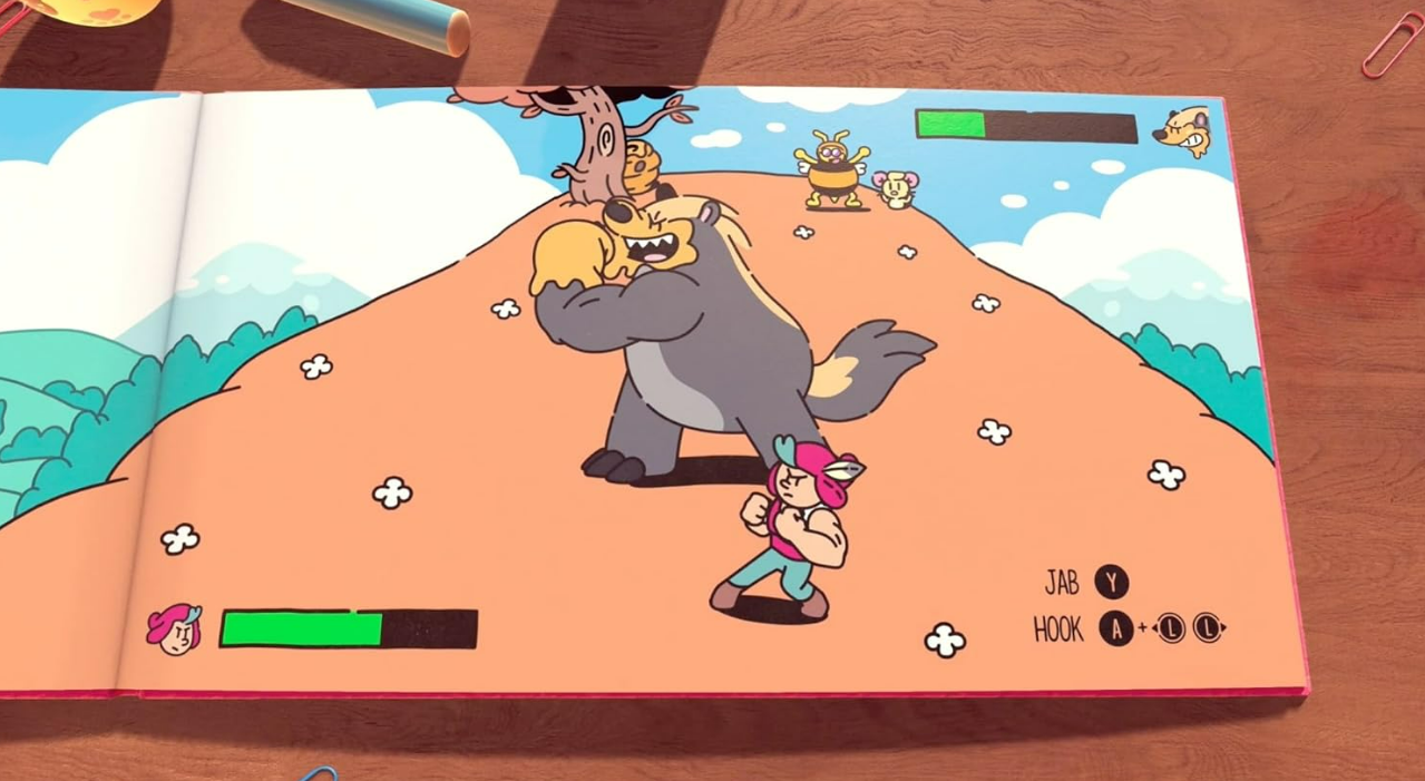 Cartoonseite: Bär kämpft gegen eine Figur auf einem Hügel, andere Charaktere beobachten von oben.