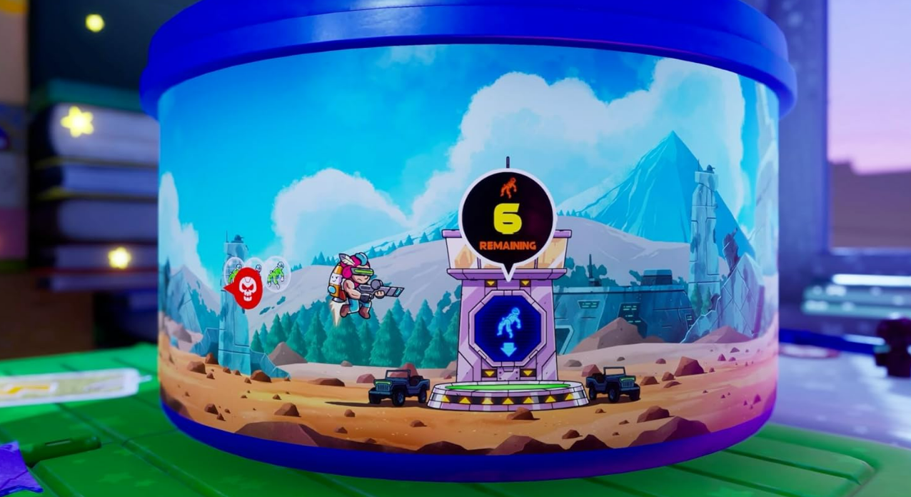 Ein Eimer mit einer Cartoon-Szene mit einer Figur, die eine Waffe hält, einem Turm und einem Countdown.