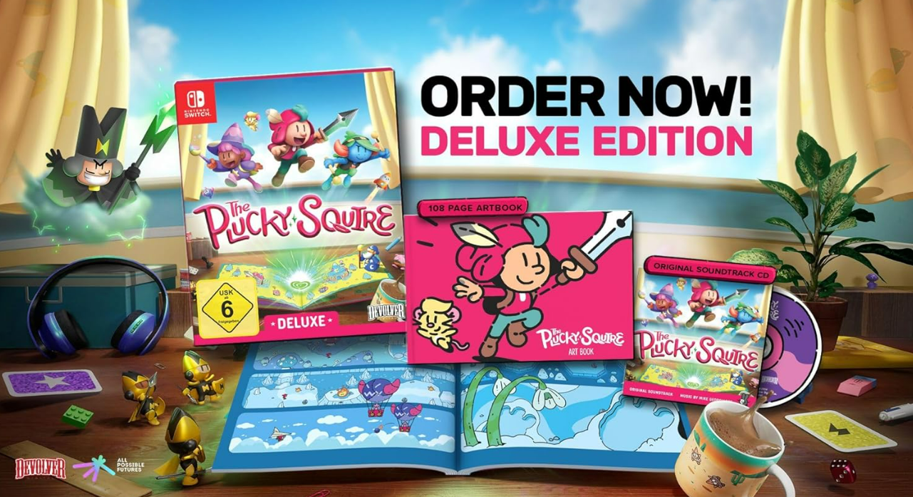 Spielbox mit dem Titel „The Plucky Squire“ und Deluxe Edition-Text, mit anderen Spielelementen.
