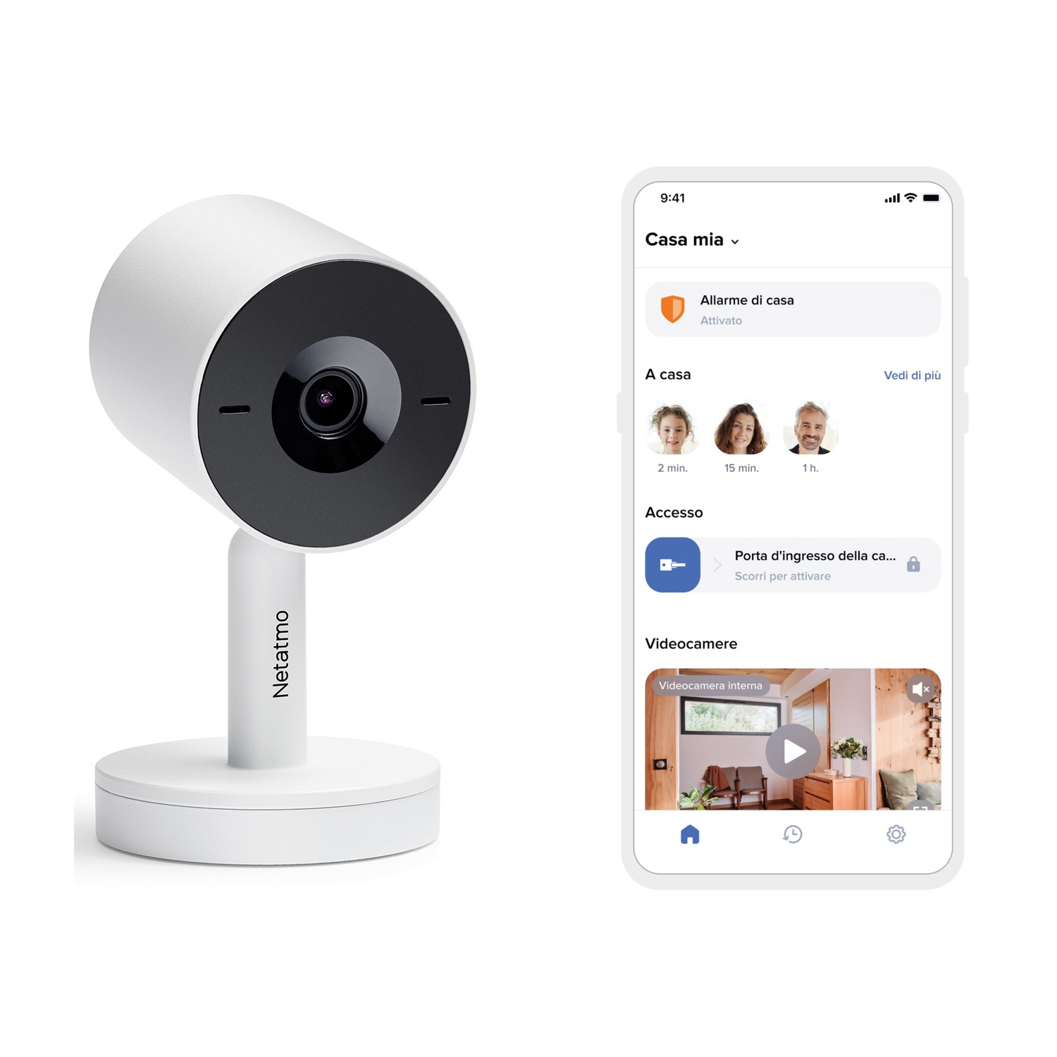 Telecamera di sicurezza bianca e smartphone con interfaccia app di sicurezza.