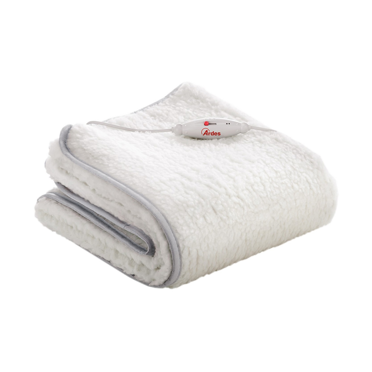 Coperta elettrica bianca piegata con pannello di controllo. Il marchio è Ardes.