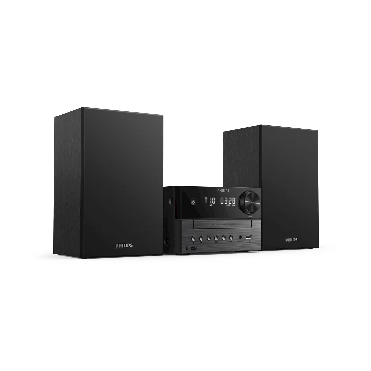 Impianto stereo nero con due altoparlanti.