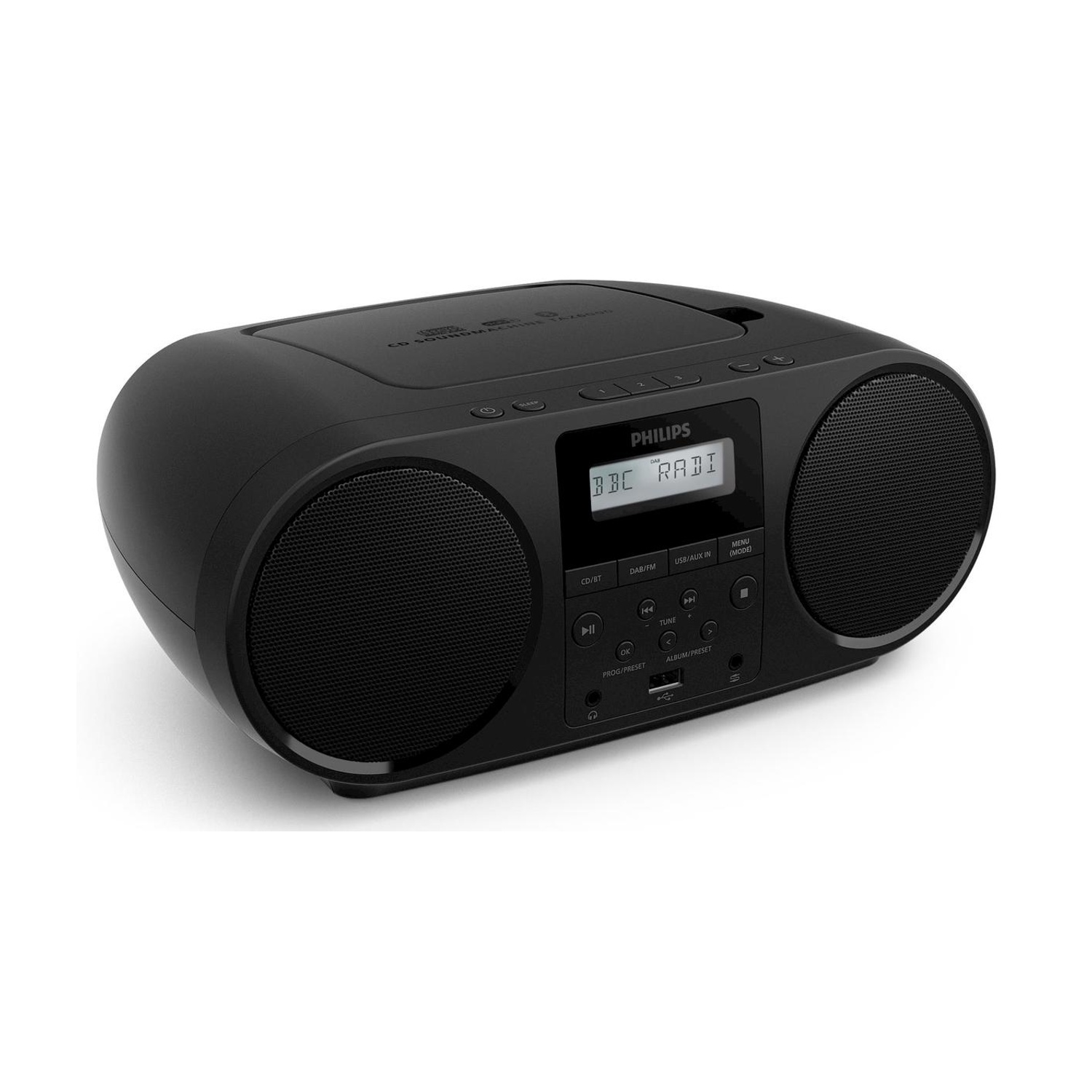 Radio Philips nera con display e altoparlanti.