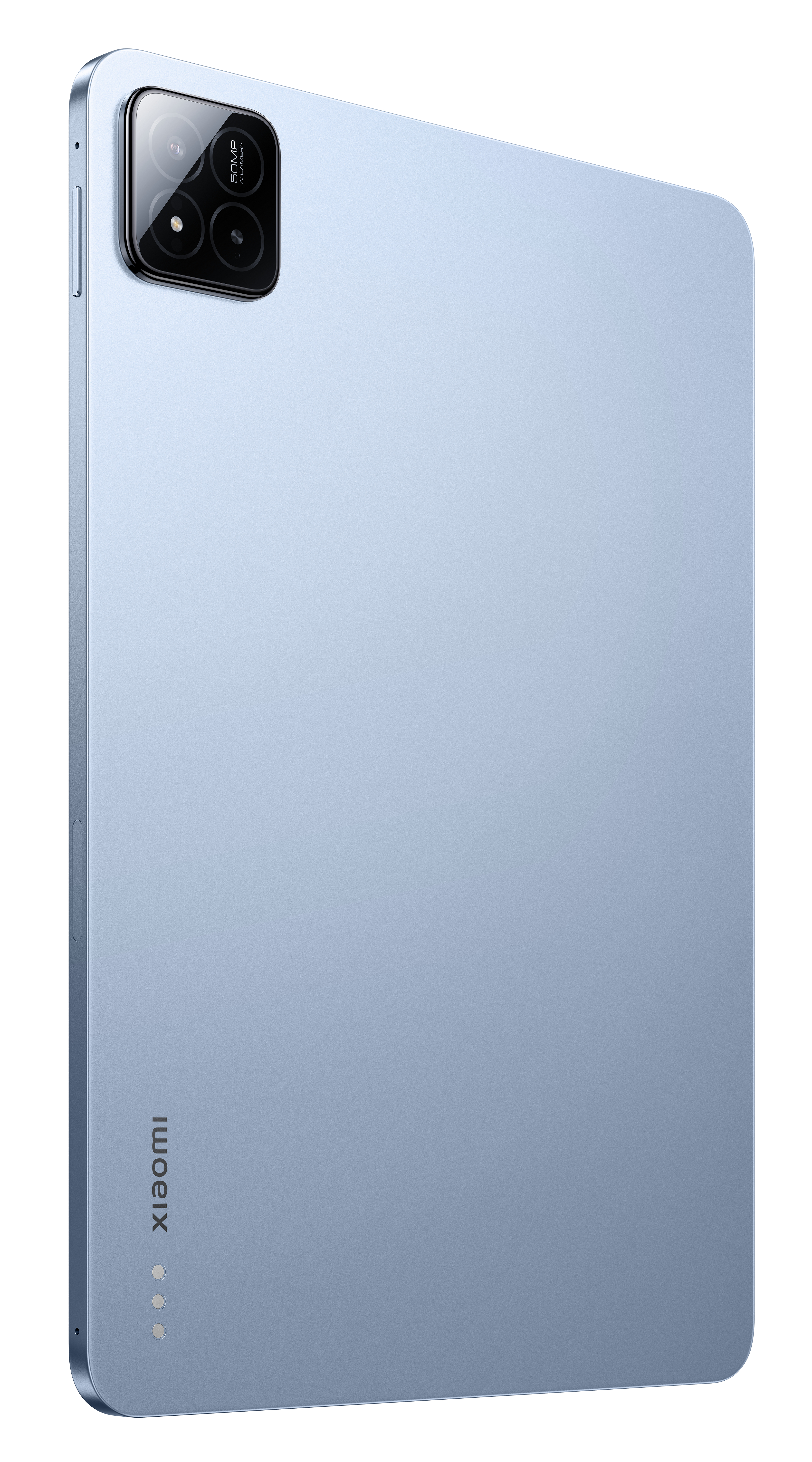 Rückansicht eines blauen Tablets. Verfügt über ein Kameramodul in der oberen Ecke. Weißer Hintergrund, schlankes Design und Xiaomi-Logo.