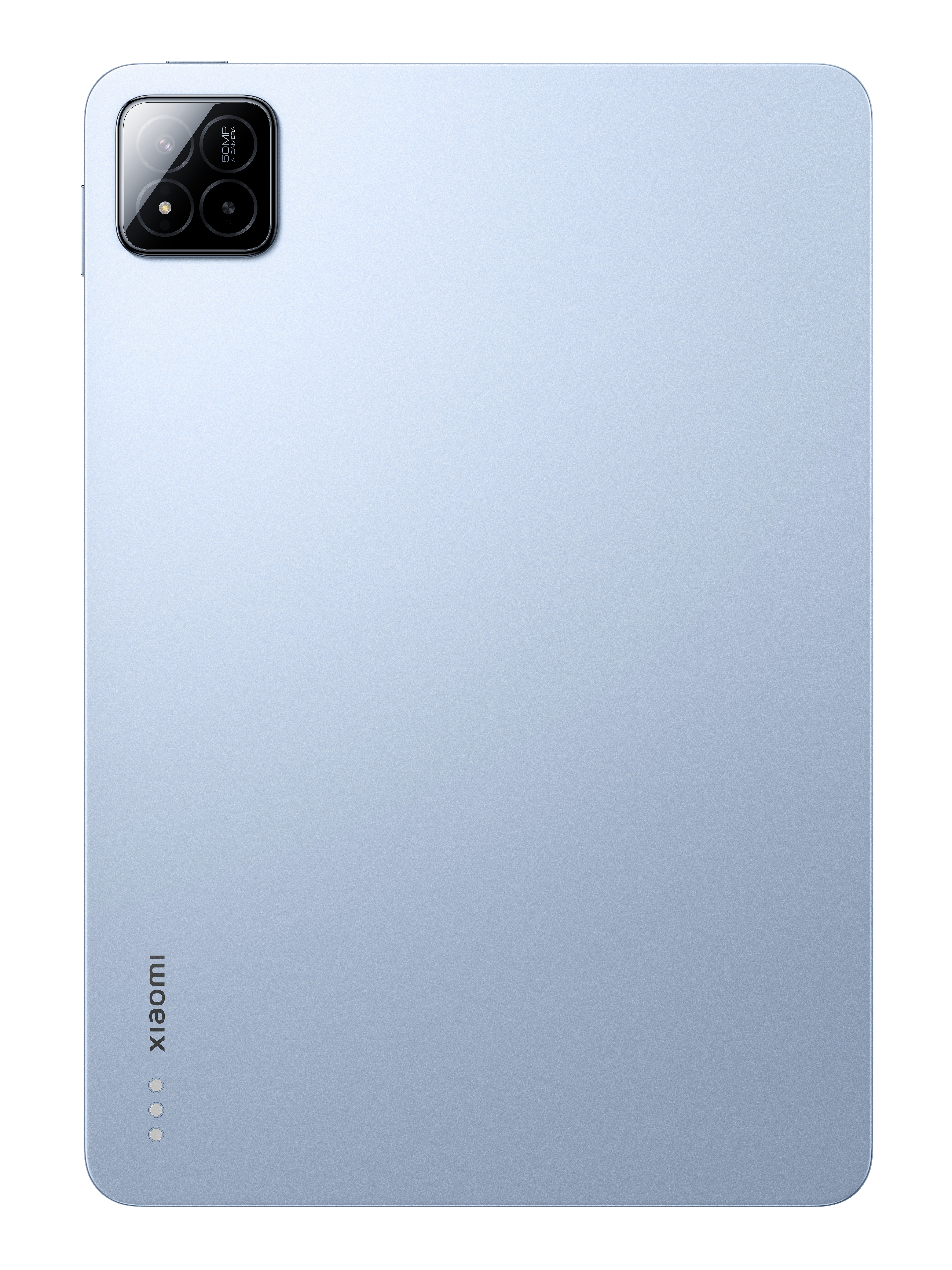 Rückansicht eines hellblauen Tablets mit zwei Kameras oben und der Marke 'xiaomi' unten.