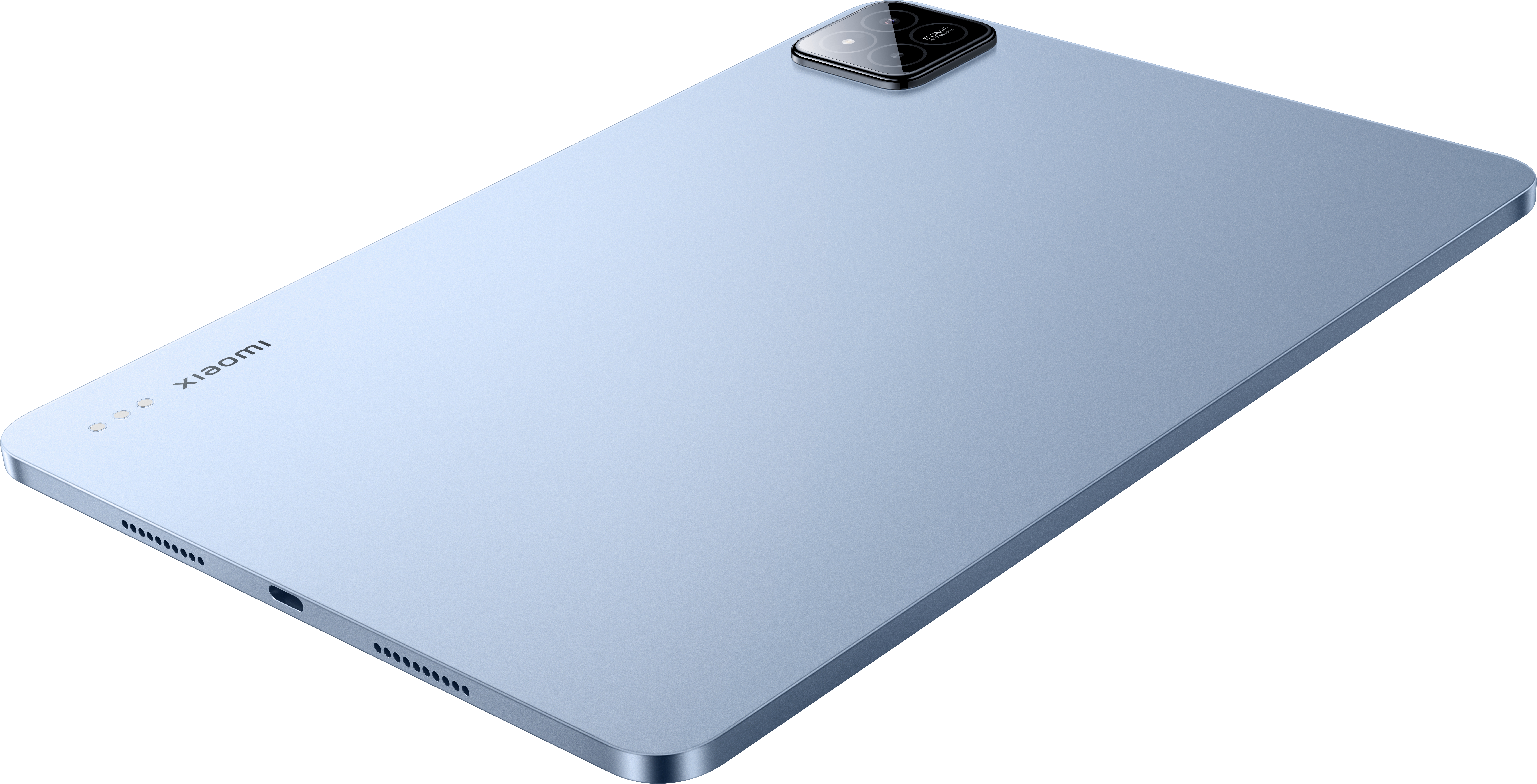 Rückansicht eines blauen Tablets. Kameramodul oben. Xiaomi-Logo unten. Sauber, hellblaue Farbe und weißer Hintergrund.