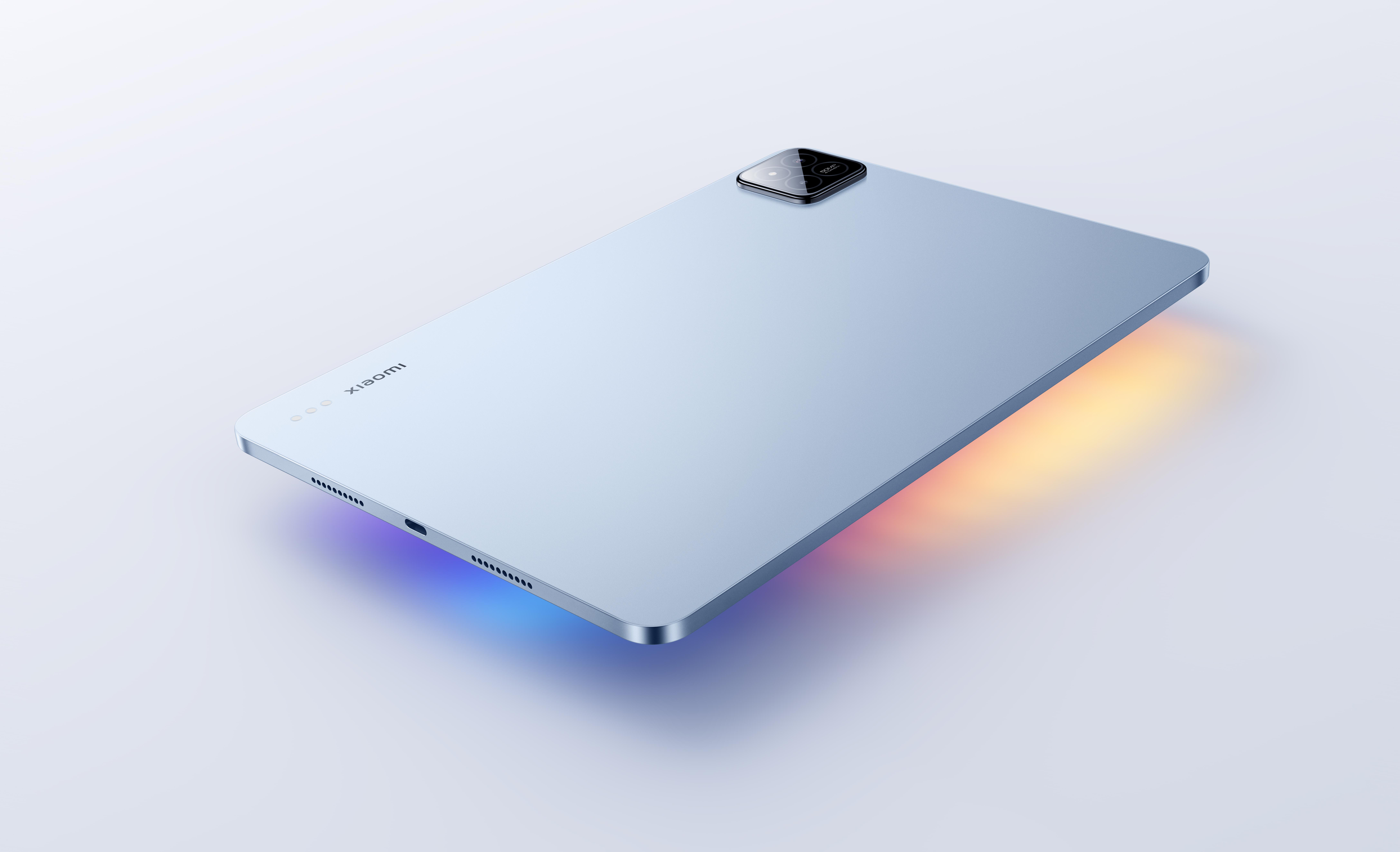 Hellblaues Tablet mit Kameraausbuchtung und einem Lichtgradienten. Weißer Hintergrund.