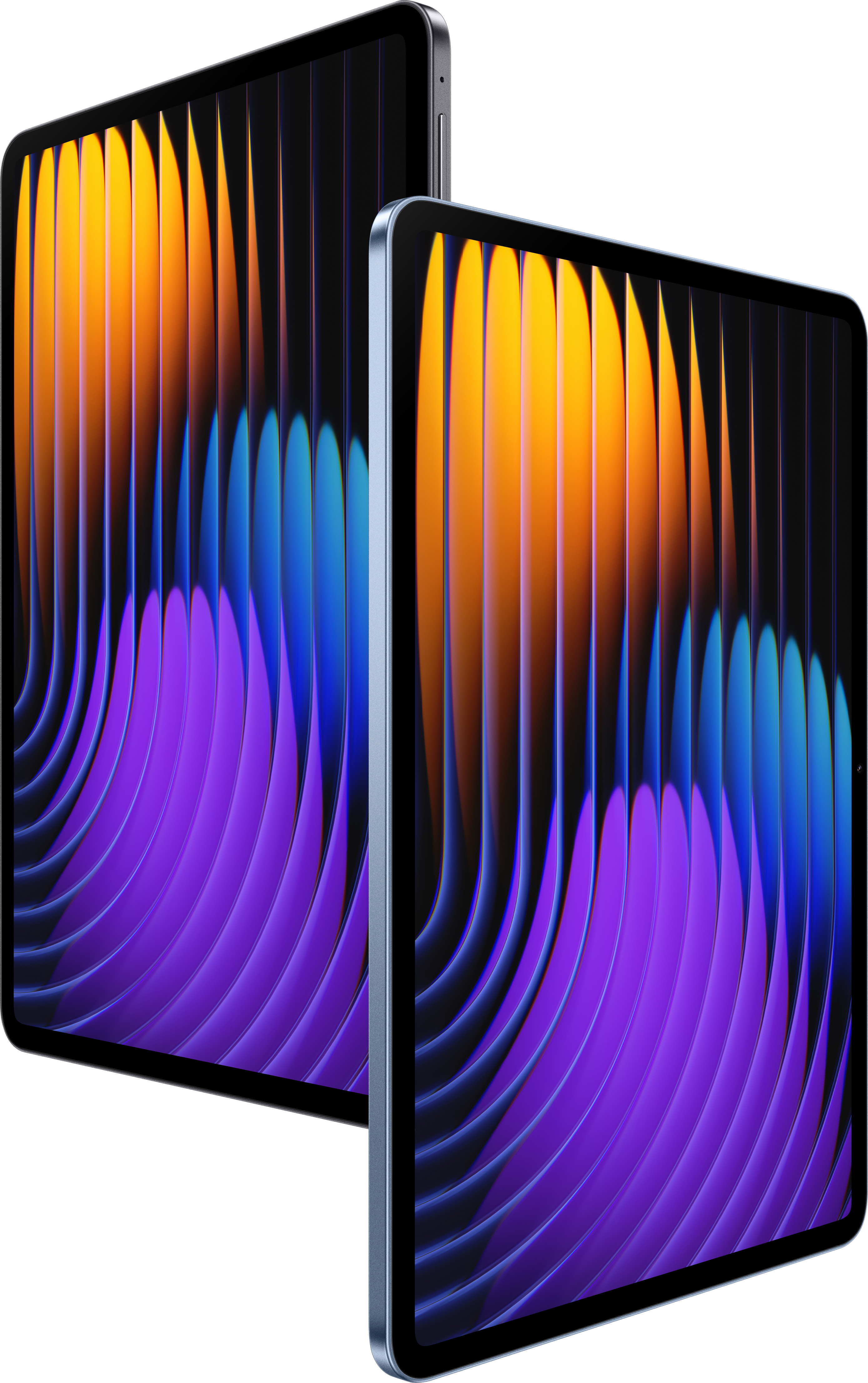 Tablets mit farbenfrohem, abstraktem Hintergrund. Silberne Rahmen, schwarze Bildschirme mit orangefarbenen, blauen und lila Elementen.