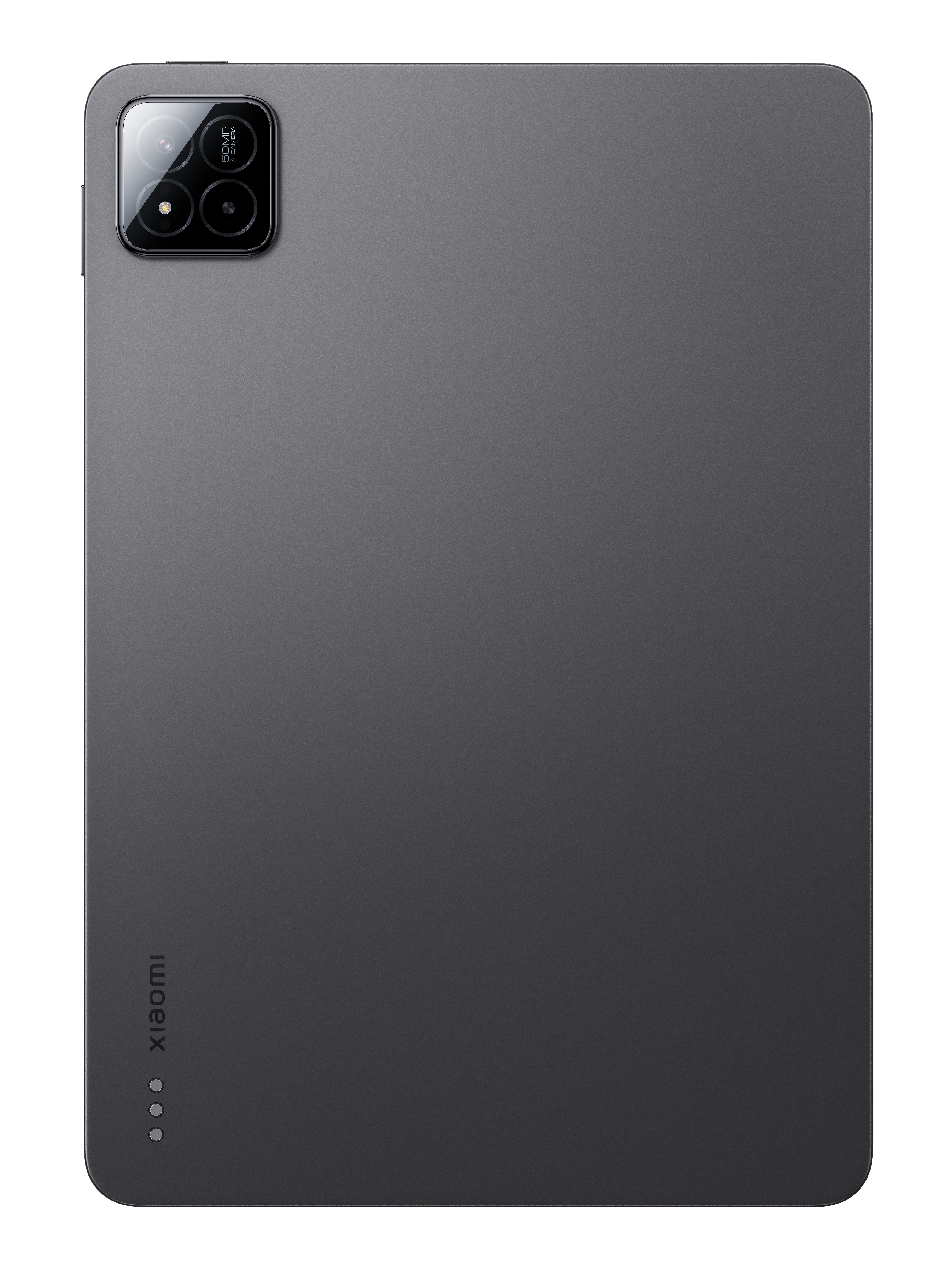 Rückansicht eines grauen Tablets mit zwei Kameras. Der Hintergrund ist weiß.