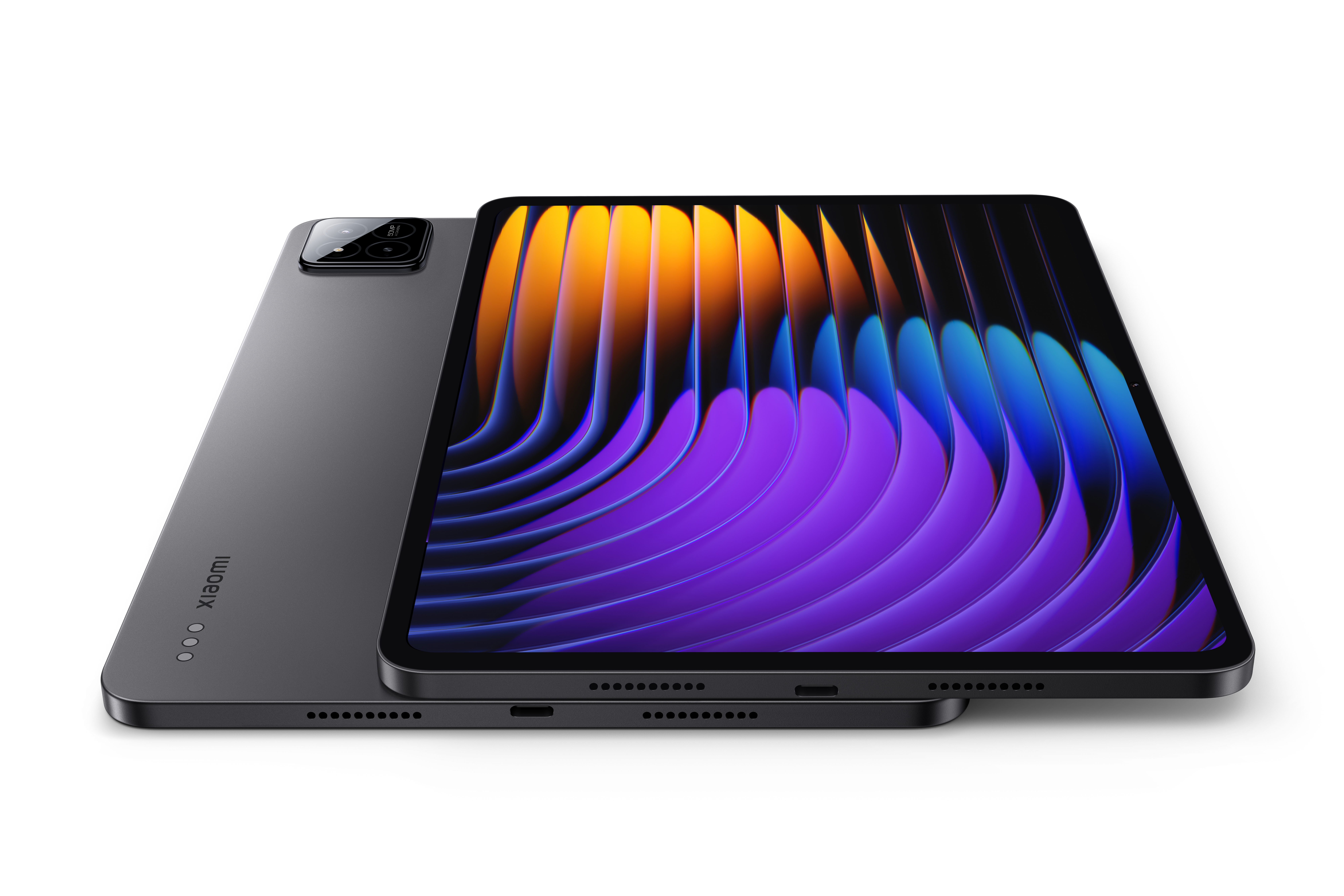 Tablets und Tabletrückseite. Ein Tablet zeigt abstraktes Design, das andere die Rückseite. Weißer Hintergrund.
