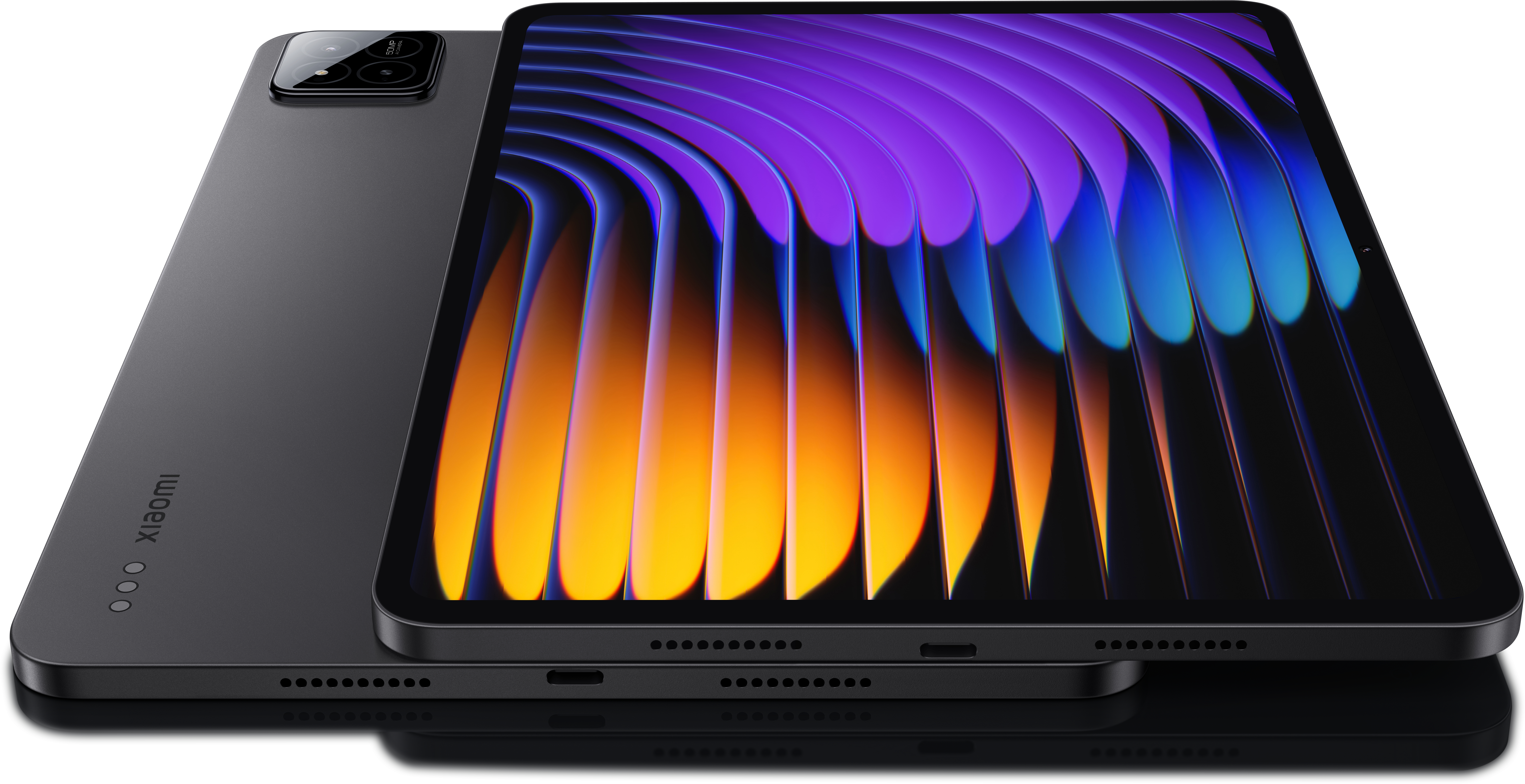 Zwei graue Tablets, eines über dem anderen, mit Kamera-Bump und farbenfrohem Display.
