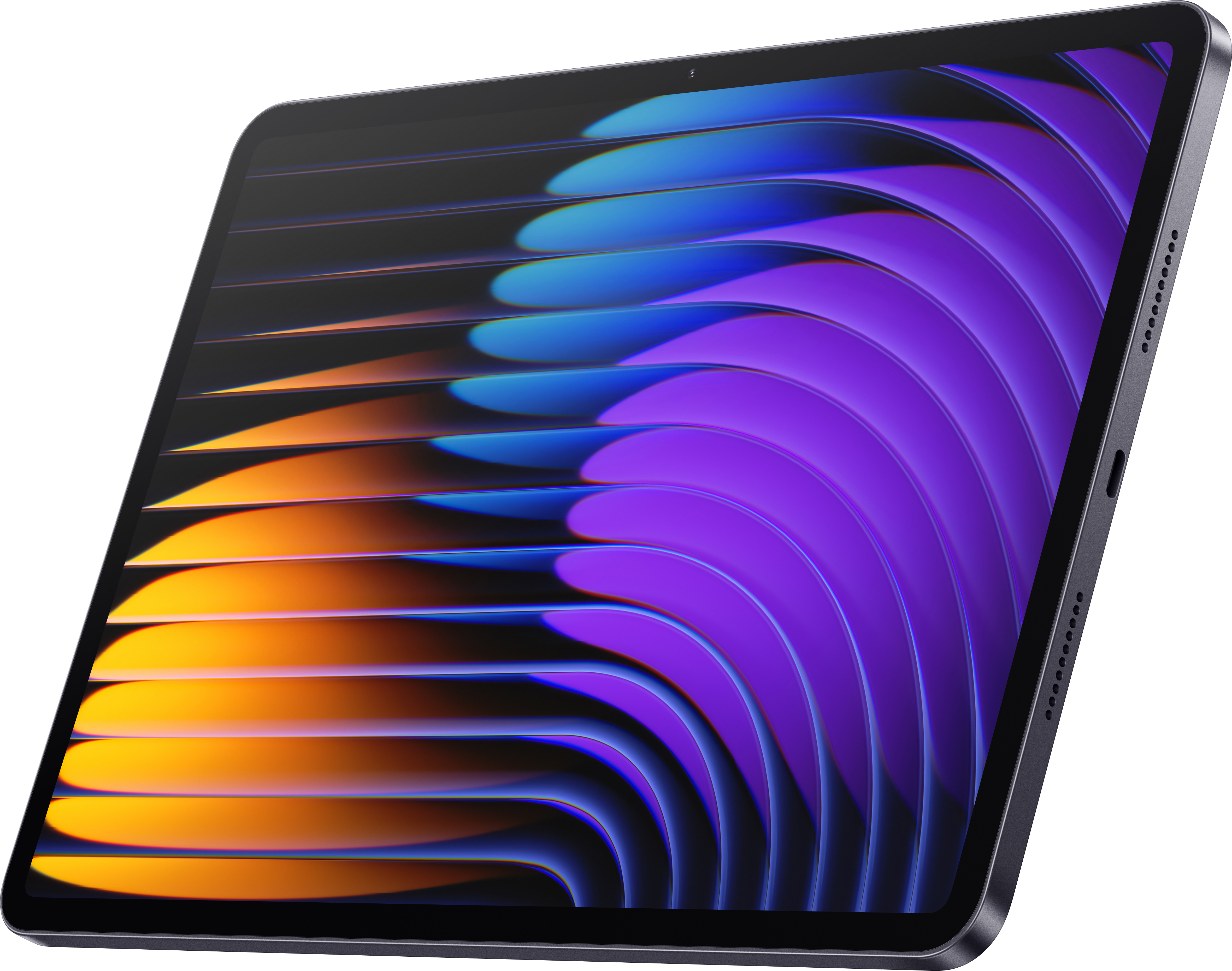 Ein Tablet-Computer mit farbenfrohem, abstrakten Hintergrund auf dem Display.