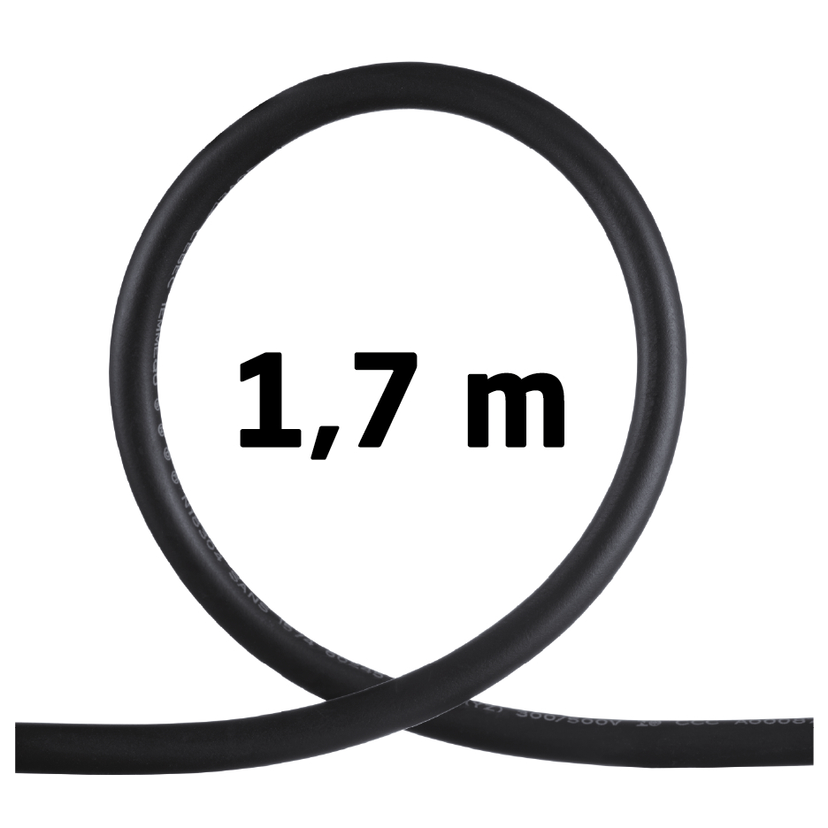 Schwarzes Kabel in einer Schleife mit 1,7 m Text.