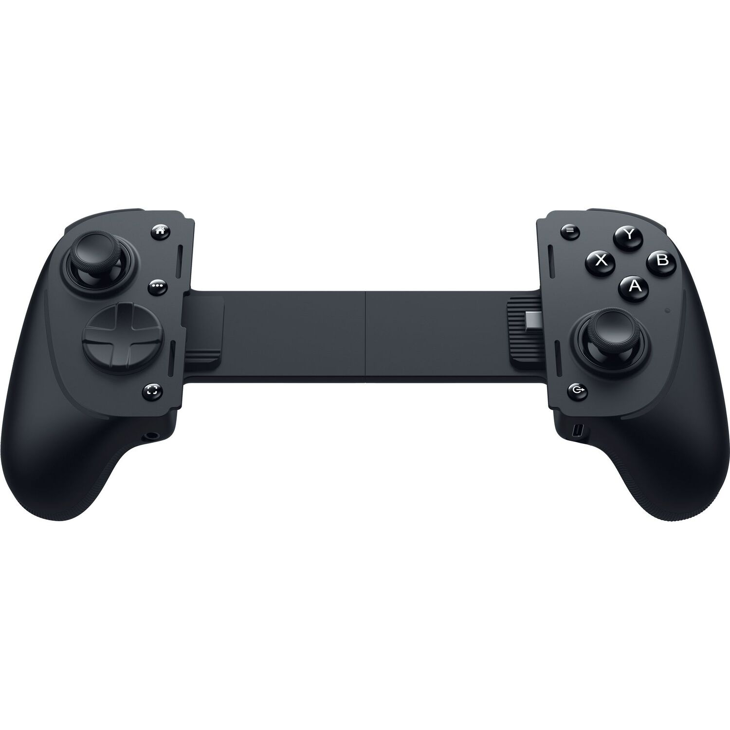 Black gamepad controller with buttons and joysticks, designed to hold a phone.