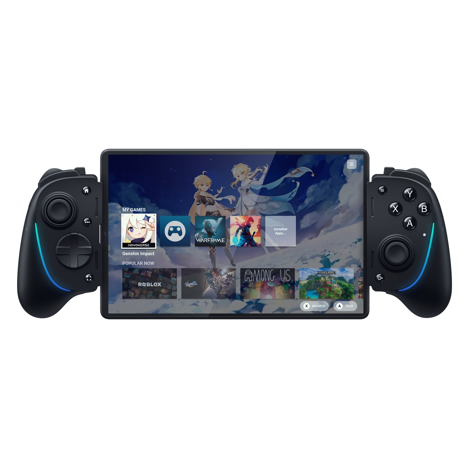 Gaming tablet with controllers on each side displaying a game interface.