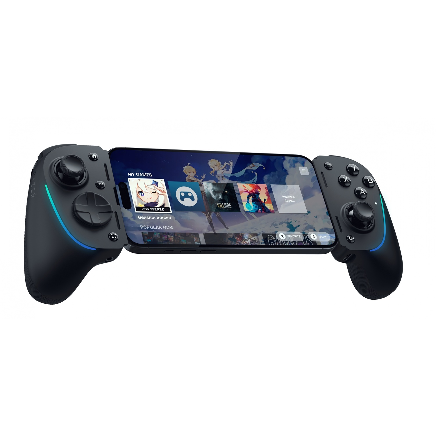A phone attached to a black controller, with a game on the screen.