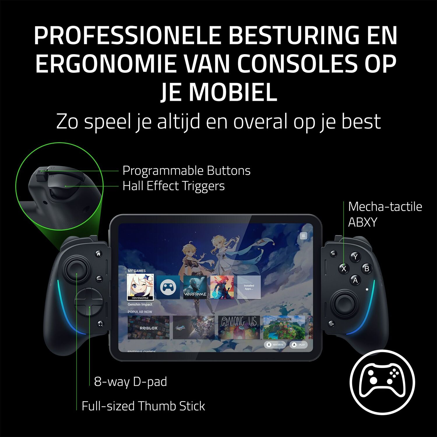 Gaming controller for mobile phones, with a phone on the screen.