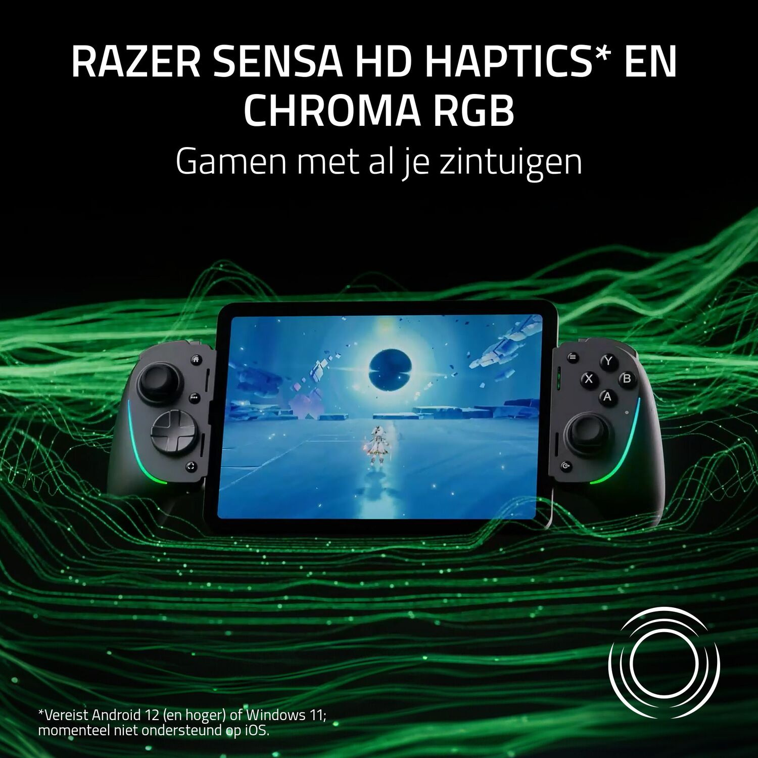 A tablet connected to two controllers. The screen shows a digital graphic. Green background.