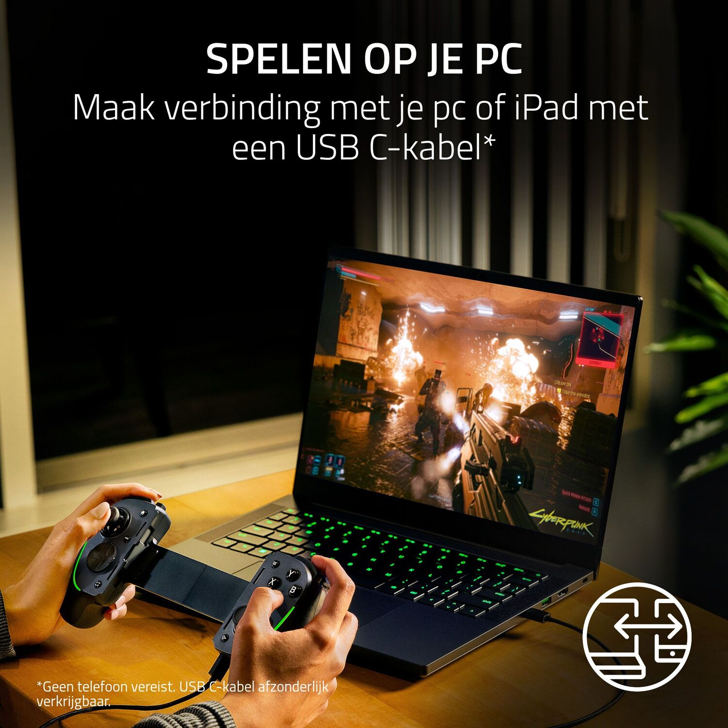 Person playing a game on a laptop connected to a controller. Cyberpunk game is visible.