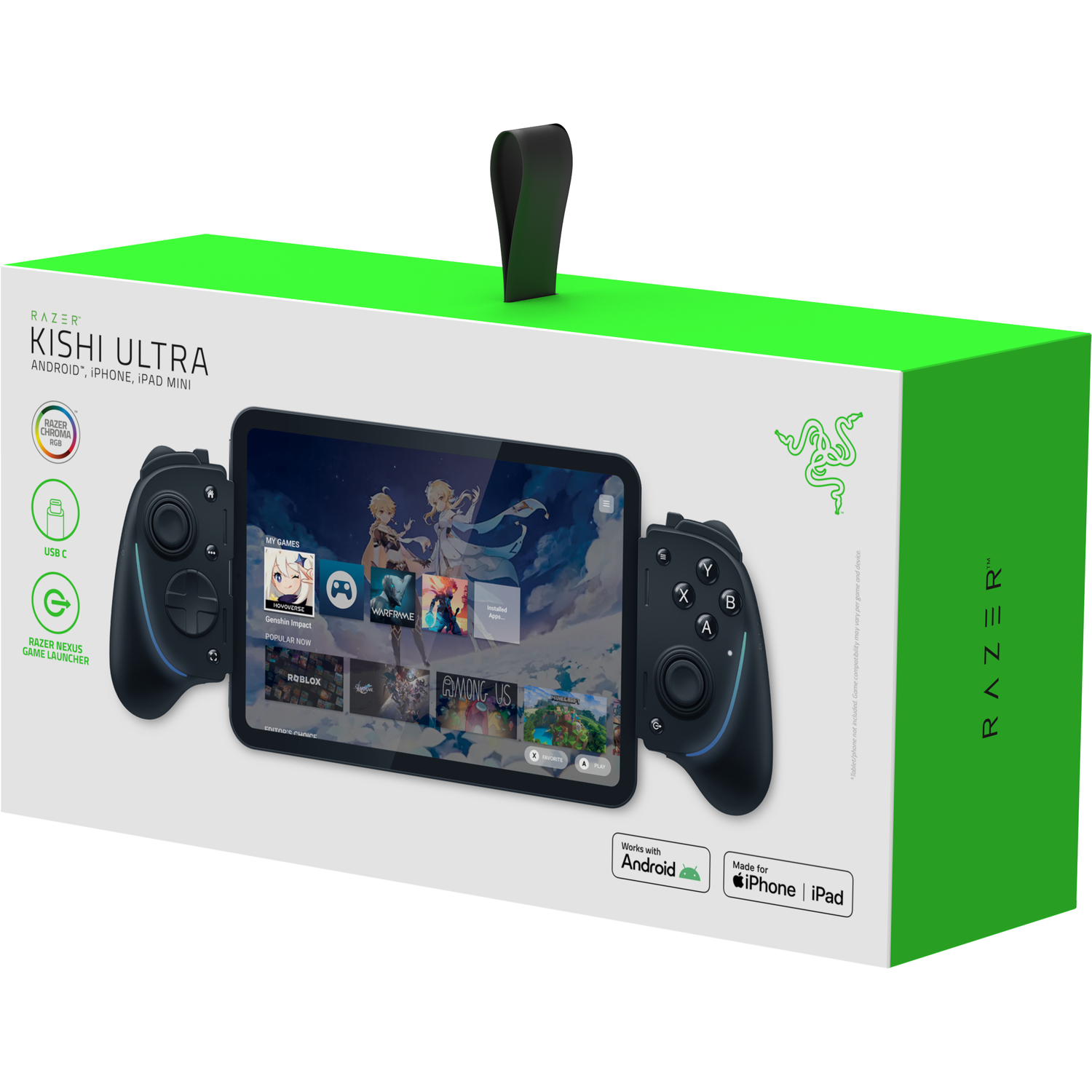 A gaming console controller and tablet in a box, with a green and white theme.