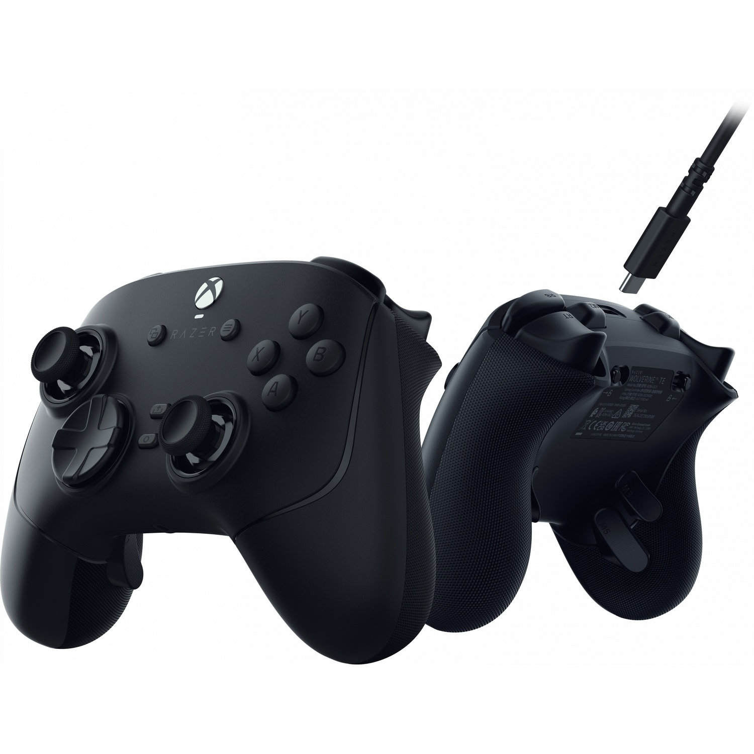 A black game controller. The controller has buttons and joysticks. White background. 