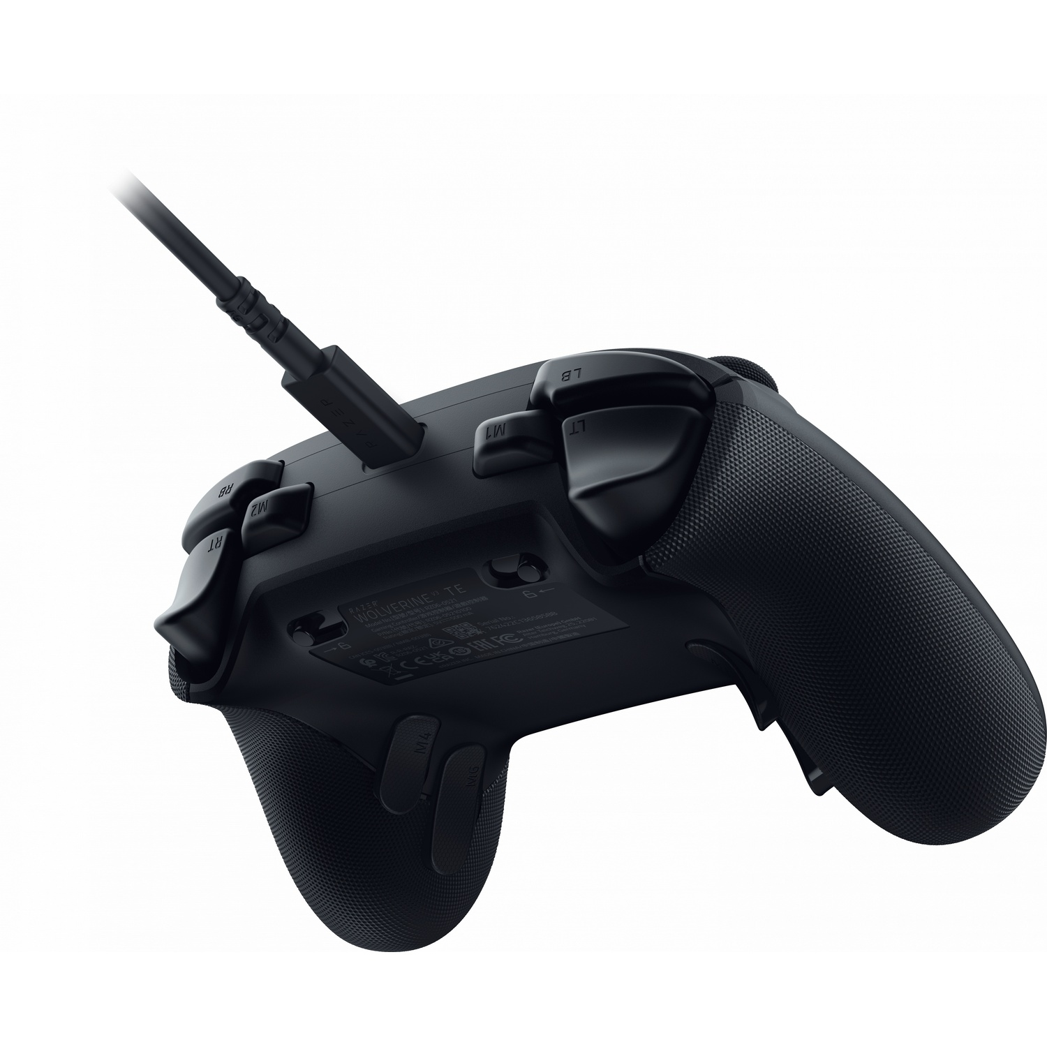 Black game controller with attached USB cable. The controller has multiple buttons and triggers.