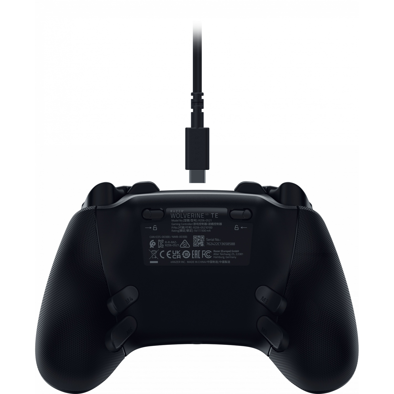 Black Razer Wolverine TE controller, top view, connected with a USB cable.
