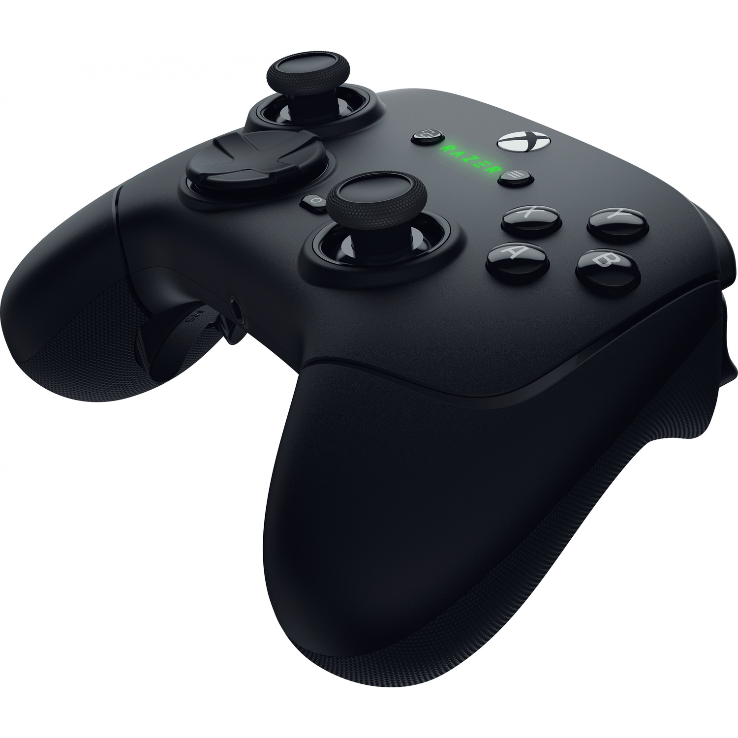 Black controller with green light at the top. White background, angled view.
