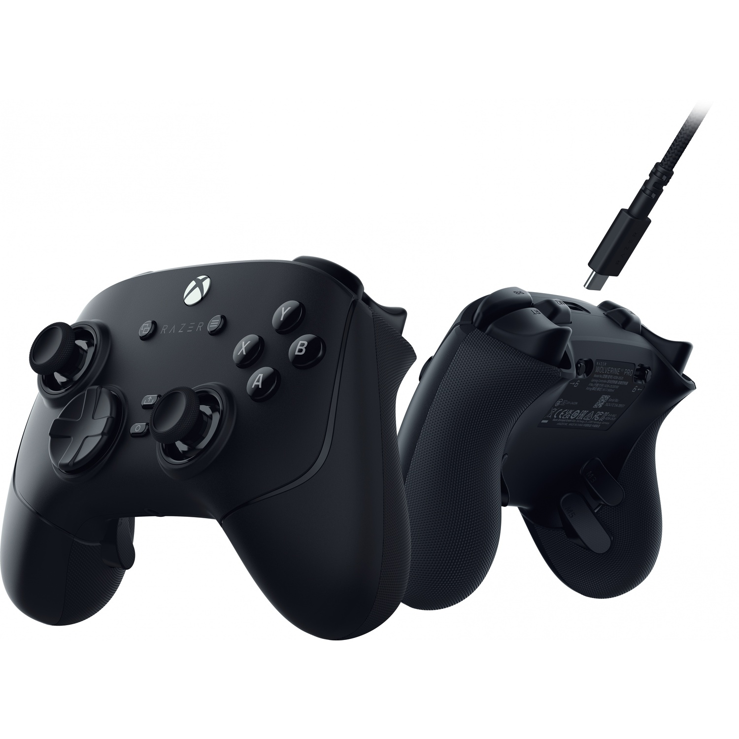 Black Razer Xbox controller with a cable attached, showing front and back views, against a white backdrop.