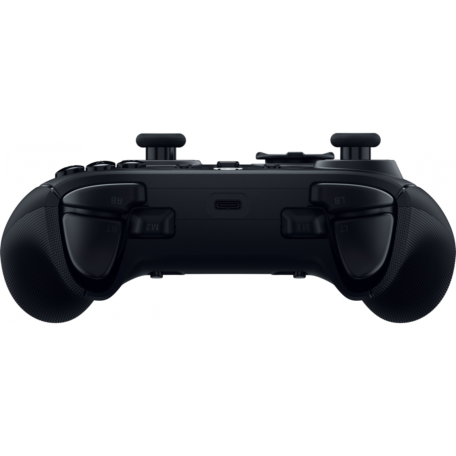 Black game controller with two joysticks, buttons, and triggers. It has textured grips for comfort.