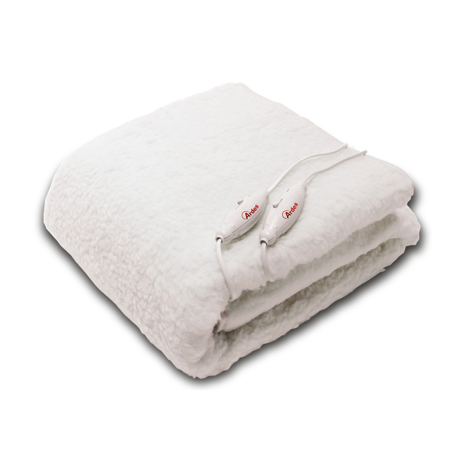 Una coperta elettrica bianca piegata con due controller con l'etichetta 'Ardes' su sfondo bianco.