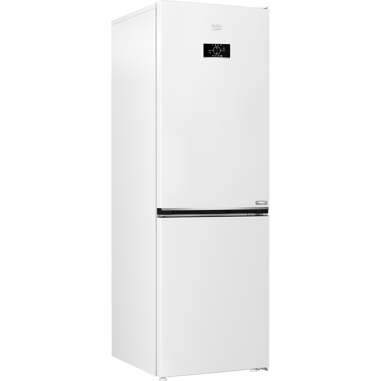 White Beko refrigerator. Top section has digital display. Bottom is a freezer.
