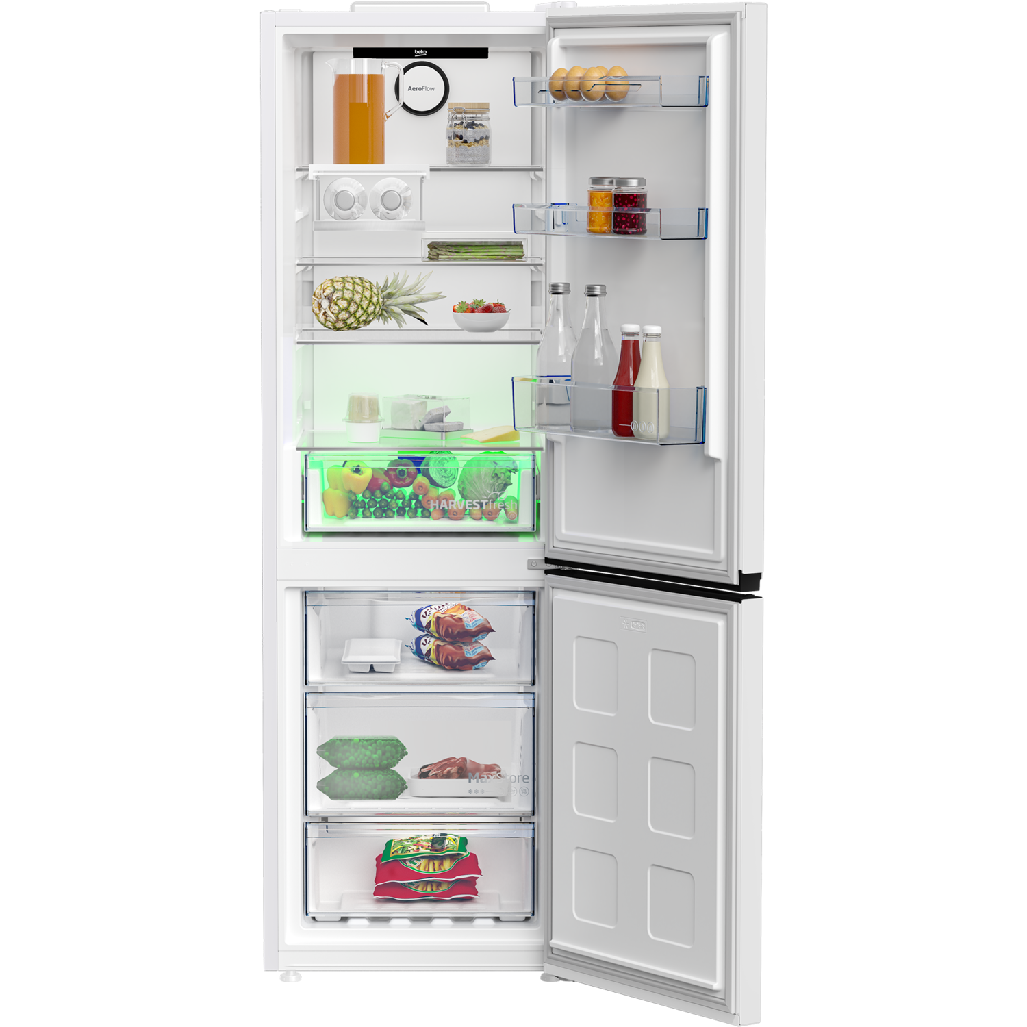 Open white Beko fridge. Fruits, vegetables, drinks, and frozen items are visible.