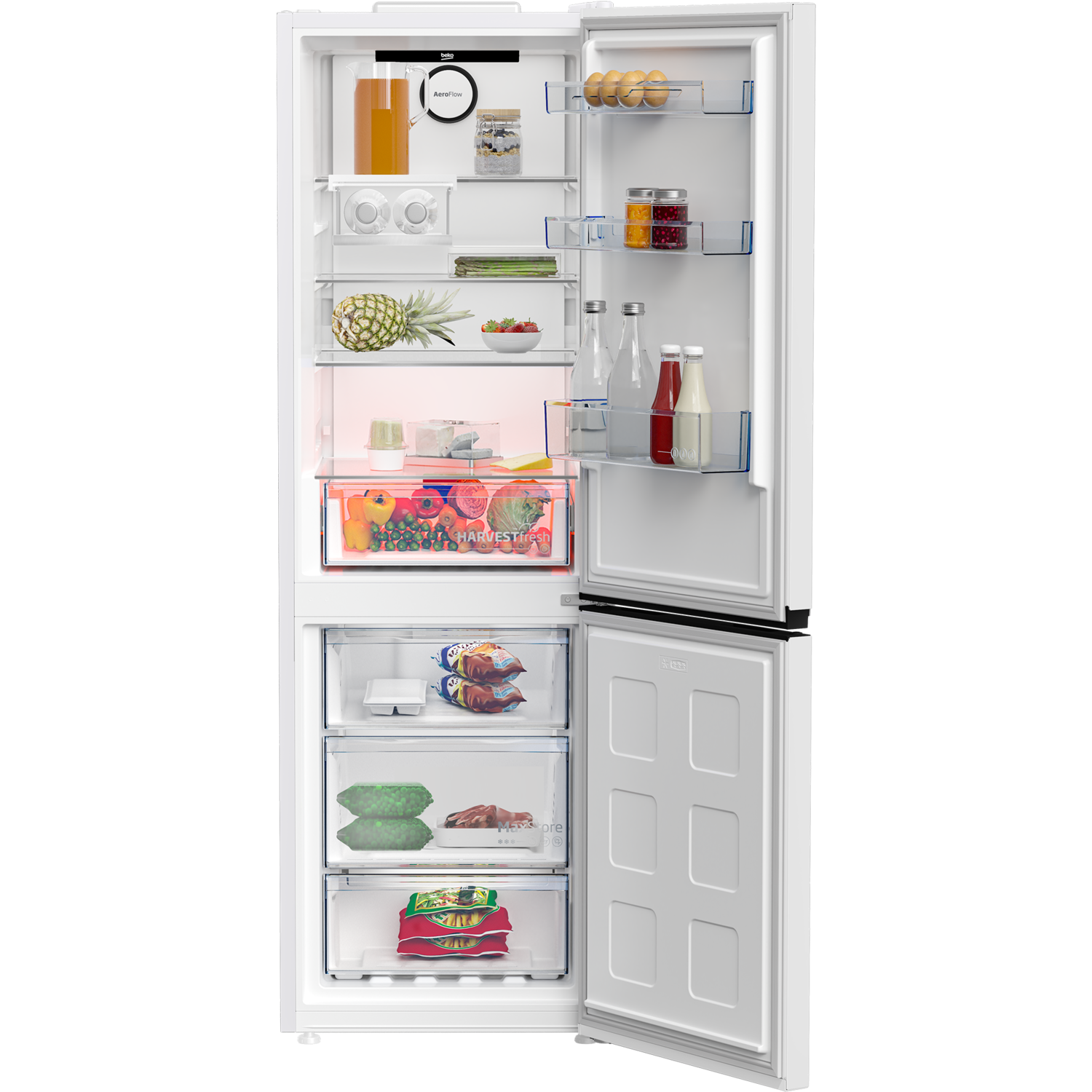 Open white Beko fridge. Highlighted fresh produce in green light. Many food items.