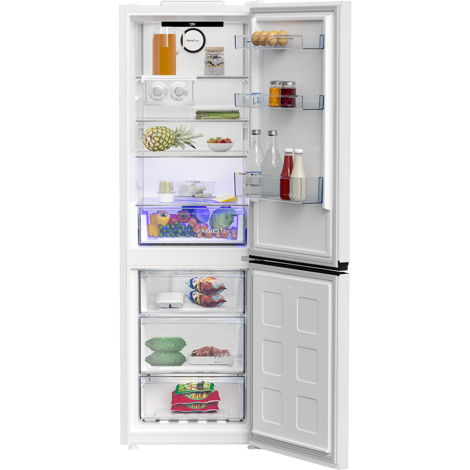 Open white Beko fridge. Highlighted produce in blue light. Variety of food items.