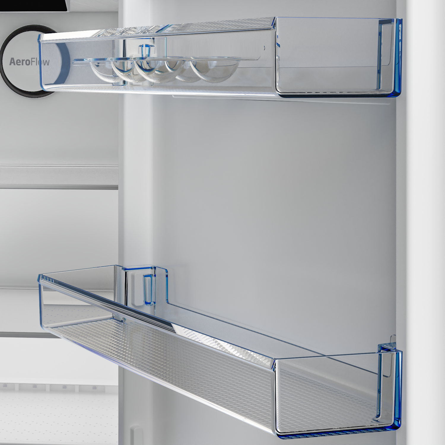 Refrigerator shelves. Transparent shelves with blue accents and AeroFlow logo. White background.