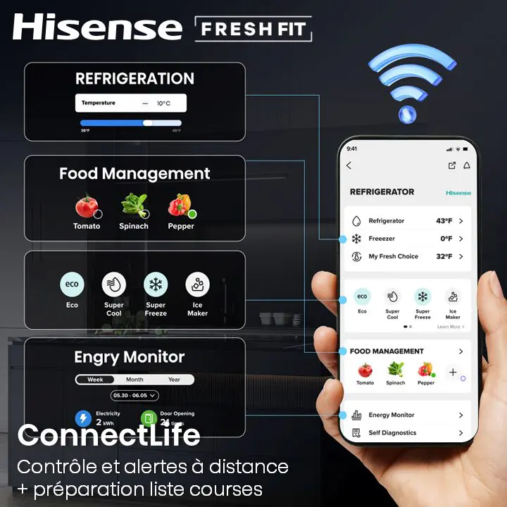 Egy telefon hűtőalkalmazást mutat. Megjeleníti a hőmérsékletet, az élelmiszer-kezelést és az energiakövetőt.