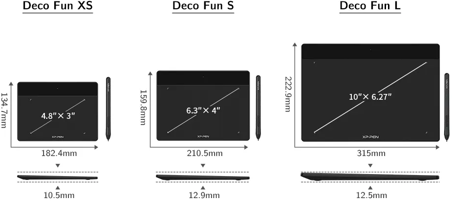 Három XP-PEN Deco Fun táblagép diagramja méretekkel: XS, S és L méretek.