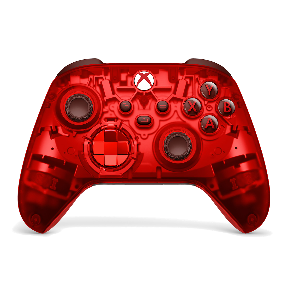 Czerwony, przezroczysty kontroler Xbox. Przyciski są widoczne.
