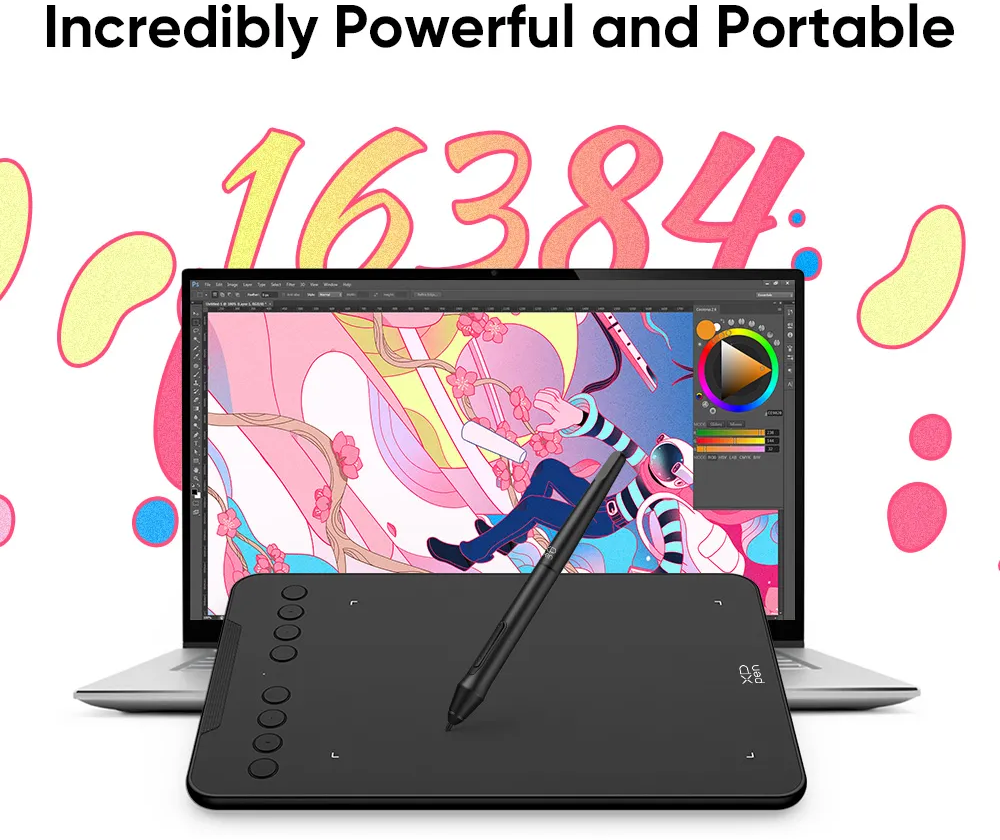 Egy laptop rajztáblát, tollat és színes grafikákat jelenít meg. Szöveg overlay.